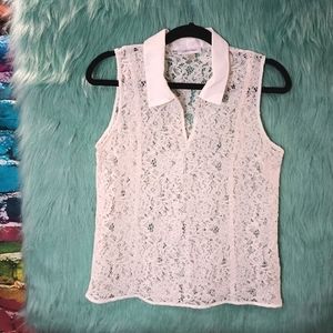 Calvin Klein White Sleeveless Lace V- Neck Blouse Size M